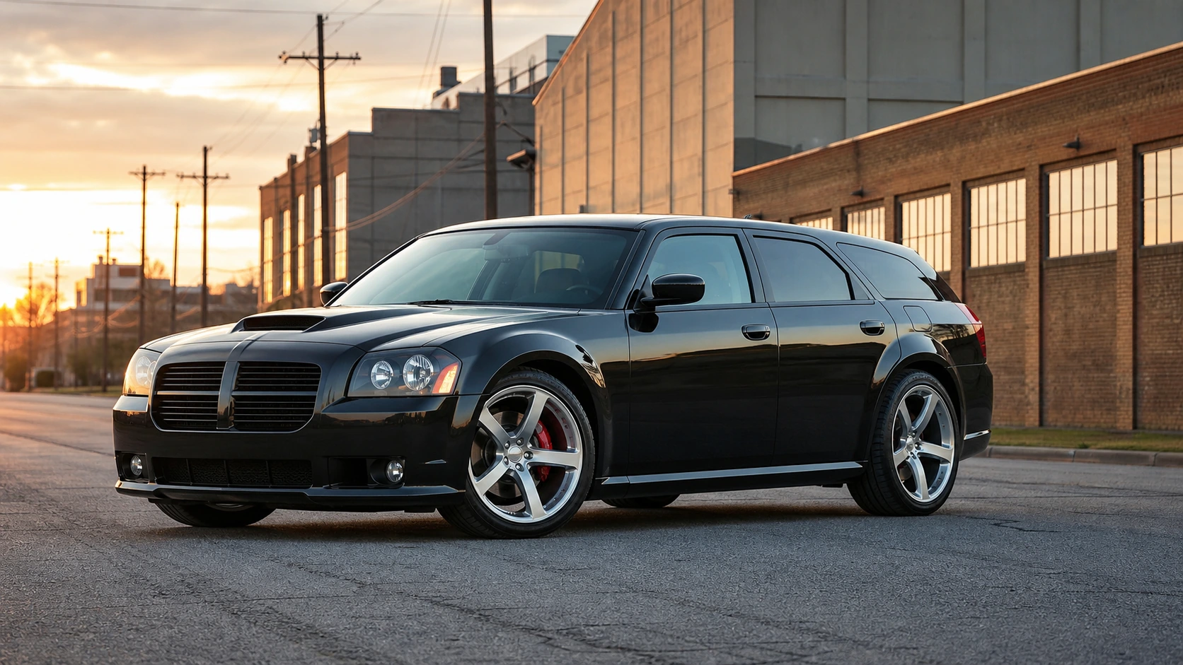 Black Dodge Magnum performance wagon at golden hour