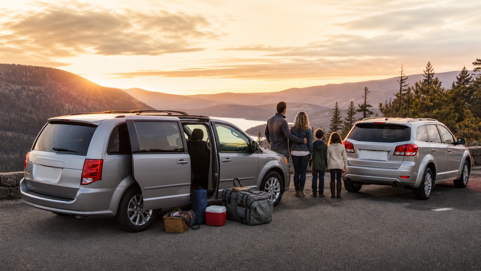 Family utility vehicles and road-trip scene used for Dodge archive lifestyle coverage.