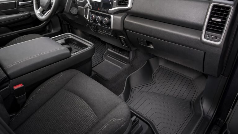Ram 1500 front cabin with high-wall floor liners and practical footwell coverage.