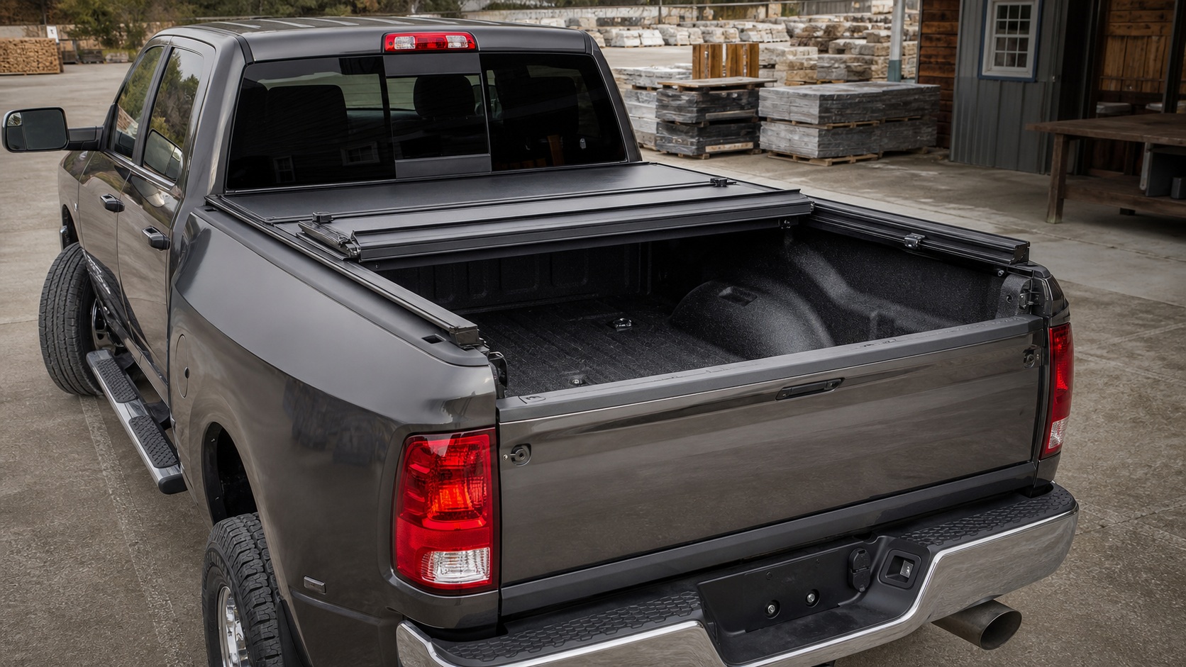 Ram 2500 hard folding bed cover opened for cargo and rail-fitment checks.